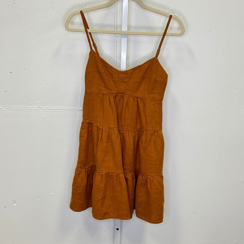 Honorine Jill Tiered Linen Mini Dress Light Brown XS Sleeveless Boho Summer
